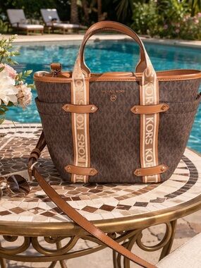 Michael Kors Eva Stripe Logo Tote – Brown MK Signature
